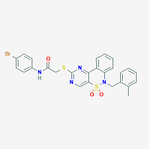 N-(4-bromophenyl)-2-({9-[(2-methylphenyl)methyl]-8,8-dioxo-8lambda6-thia-3,5,9-triazatricyclo[8.4.0.0^{2,7}]tetradeca-1(14),2(7),3,5,10,12-hexaen-4-yl}sulfanyl)acetamide