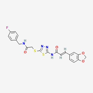 molecular formula C21H17FN4O4S2 B2943355 (E)-3-(benzo[d][1,3]dioxol-5-yl)-N-(5-((2-((4-fluorobenzyl)amino)-2-oxoethyl)thio)-1,3,4-thiadiazol-2-yl)acrylamide CAS No. 1321691-11-5