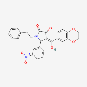 molecular formula C27H22N2O7 B2943376 (4E)-4-[2,3-dihydro-1,4-benzodioxin-6-yl(hydroxy)methylidene]-5-(3-nitrophenyl)-1-(2-phenylethyl)pyrrolidine-2,3-dione CAS No. 573705-67-6