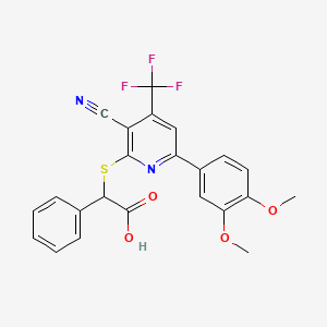 molecular formula C23H17F3N2O4S B2943427 2-{[3-Cyano-6-(3,4-dimethoxyphenyl)-4-(trifluoromethyl)-2-pyridinyl]sulfanyl}-2-phenylacetic acid CAS No. 939888-61-6