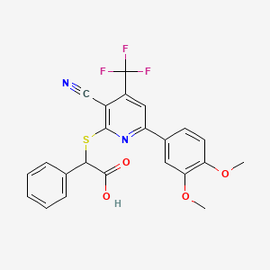 molecular formula C23H17F3N2O4S B2943427 2-{[3-氰基-6-(3,4-二甲氧基苯基)-4-(三氟甲基)-2-吡啶基]硫代}-2-苯基乙酸 CAS No. 939888-61-6