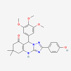 molecular formula C26H28N4O5 B2943489 2-(4-hydroxyphenyl)-6,6-dimethyl-9-(3,4,5-trimethoxyphenyl)-5,6,7,9-tetrahydro-[1,2,4]triazolo[5,1-b]quinazolin-8(4H)-one CAS No. 540486-20-2