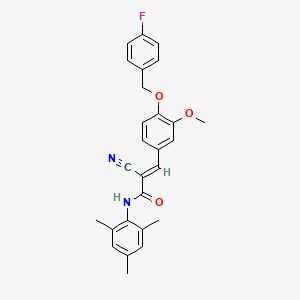 molecular formula C27H25FN2O3 B2943541 (E)-2-cyano-3-[4-[(4-fluorophenyl)methoxy]-3-methoxyphenyl]-N-(2,4,6-trimethylphenyl)prop-2-enamide CAS No. 380476-69-7