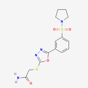 molecular formula C14H16N4O4S2 B2943567 2-{5-[3-(Pyrrolidinylsulfonyl)phenyl]-1,3,4-oxadiazol-2-ylthio}acetamide CAS No. 941244-40-2