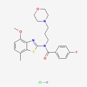 molecular formula C23H27ClFN3O3S B2943568 4-氟-N-(4-甲氧基-7-甲基苯并[d]噻唑-2-基)-N-(3-吗啉代丙基)苯甲酰胺盐酸盐 CAS No. 1216967-16-6