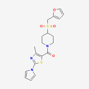 molecular formula C19H21N3O4S2 B2943583 (4-((furan-2-ylmethyl)sulfonyl)piperidin-1-yl)(4-methyl-2-(1H-pyrrol-1-yl)thiazol-5-yl)methanone CAS No. 1798033-62-1