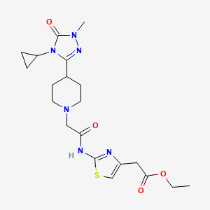 ethyl 2-(2-(2-(4-(4-cyclopropyl-1-methyl-5-oxo-4,5-dihydro-1H-1,2,4-triazol-3-yl)piperidin-1-yl)acetamido)thiazol-4-yl)acetate