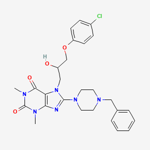 molecular formula C27H31ClN6O4 B2943695 8-(4-benzylpiperazin-1-yl)-7-(3-(4-chlorophenoxy)-2-hydroxypropyl)-1,3-dimethyl-1H-purine-2,6(3H,7H)-dione CAS No. 941965-75-9