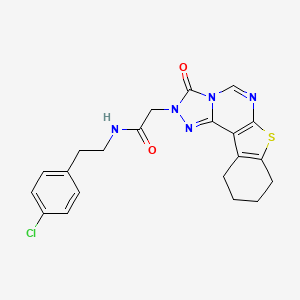 molecular formula C21H20ClN5O2S B2943747 N-[2-(4-chlorophenyl)ethyl]-2-{5-oxo-10-thia-3,4,6,8-tetraazatetracyclo[7.7.0.0^{2,6}.0^{11,16}]hexadeca-1(9),2,7,11(16)-tetraen-4-yl}acetamide CAS No. 1359201-72-1