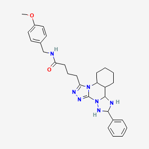 molecular formula C28H25N7O2 B2943818 N-[(4-methoxyphenyl)methyl]-4-{9-phenyl-2,4,5,7,8,10-hexaazatetracyclo[10.4.0.0^{2,6}.0^{7,11}]hexadeca-1(16),3,5,8,10,12,14-heptaen-3-yl}butanamide CAS No. 902622-09-7