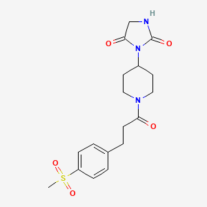 molecular formula C18H23N3O5S B2943841 3-(1-(3-(4-(Methylsulfonyl)phenyl)propanoyl)piperidin-4-yl)imidazolidine-2,4-dione CAS No. 2034526-12-8