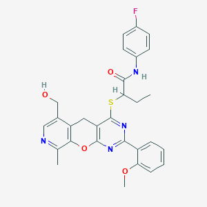 molecular formula C29H27FN4O4S B2944014 N-(4-fluorophenyl)-2-((6-(hydroxymethyl)-2-(2-methoxyphenyl)-9-methyl-5H-pyrido[4',3':5,6]pyrano[2,3-d]pyrimidin-4-yl)thio)butanamide CAS No. 892386-76-4