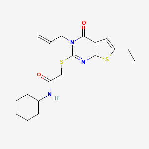 molecular formula C19H25N3O2S2 B2944052 2-((3-烯丙基-6-乙基-4-氧代-3,4-二氢噻吩并[2,3-d]嘧啶-2-基)硫代)-N-环己基乙酰胺 CAS No. 750618-18-9