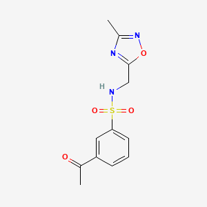 molecular formula C12H13N3O4S B2944074 3-acetyl-N-((3-methyl-1,2,4-oxadiazol-5-yl)methyl)benzenesulfonamide CAS No. 1226443-22-6