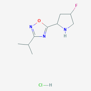 molecular formula C9H15ClFN3O B2944090 5-(4-Fluoropyrrolidin-2-yl)-3-(propan-2-yl)-1,2,4-oxadiazole hydrochloride CAS No. 2097937-47-6