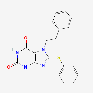 molecular formula C20H18N4O2S B2944122 3-甲基-7-苯乙基-8-(苯硫基)-1H-嘌呤-2,6(3H,7H)-二酮 CAS No. 673443-13-5