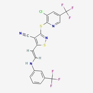 molecular formula C19H9ClF6N4S2 B2944133 3-{[3-Chloro-5-(trifluoromethyl)-2-pyridinyl]sulfanyl}-5-{2-[3-(trifluoromethyl)anilino]vinyl}-4-isothiazolecarbonitrile CAS No. 338413-03-9