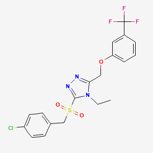 molecular formula C19H17ClF3N3O3S B2944134 3-[(4-Chlorophenyl)methylsulfonyl]-4-ethyl-5-[[3-(trifluoromethyl)phenoxy]methyl]-1,2,4-triazole CAS No. 383146-74-5