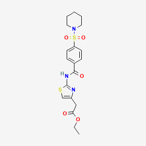 molecular formula C19H23N3O5S2 B2944181 Ethyl 2-(2-(4-(piperidin-1-ylsulfonyl)benzamido)thiazol-4-yl)acetate CAS No. 361159-81-1