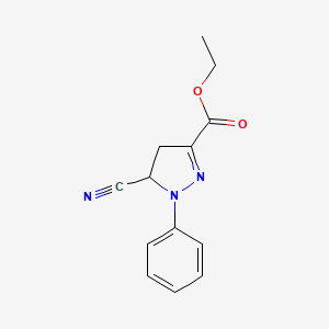 molecular formula C13H13N3O2 B2944233 ethyl 5-cyano-1-phenyl-4,5-dihydro-1H-pyrazole-3-carboxylate CAS No. 90878-36-7