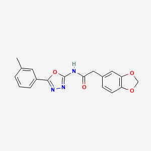 molecular formula C18H15N3O4 B2944327 2-(苯并[d][1,3]二氧杂环-5-基)-N-(5-(间甲苯基)-1,3,4-恶二唑-2-基)乙酰胺 CAS No. 952846-43-4