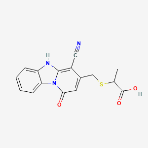 molecular formula C16H13N3O3S B2944369 2-[(4-cyano-1-oxo-5H-pyrido[1,2-a]benzimidazol-3-yl)methylthio]propanoic acid CAS No. 568567-39-5