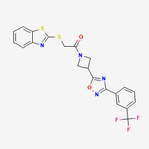 molecular formula C21H15F3N4O2S2 B2944422 2-(1,3-benzothiazol-2-ylsulfanyl)-1-(3-{3-[3-(trifluoromethyl)phenyl]-1,2,4-oxadiazol-5-yl}azetidin-1-yl)ethan-1-one CAS No. 1351648-93-5