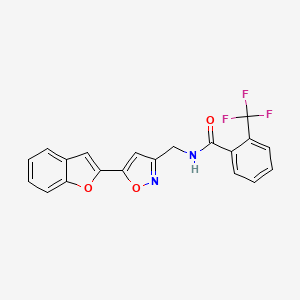 molecular formula C20H13F3N2O3 B2944502 N-((5-(benzofuran-2-yl)isoxazol-3-yl)methyl)-2-(trifluoromethyl)benzamide CAS No. 1105242-22-5