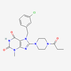 molecular formula C20H23ClN6O3 B2944524 7-[(3-chlorophenyl)methyl]-3-methyl-8-(4-propanoylpiperazin-1-yl)-2,3,6,7-tetrahydro-1H-purine-2,6-dione CAS No. 1363854-06-1
