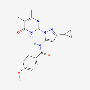 molecular formula C20H21N5O3 B2944592 N-[5-Cyclopropyl-2-(4,5-dimethyl-6-oxo-1H-pyrimidin-2-yl)pyrazol-3-yl]-4-methoxybenzamide CAS No. 1331276-27-7