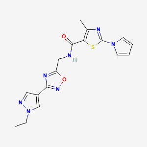 molecular formula C17H17N7O2S B2944601 N-((3-(1-ethyl-1H-pyrazol-4-yl)-1,2,4-oxadiazol-5-yl)methyl)-4-methyl-2-(1H-pyrrol-1-yl)thiazole-5-carboxamide CAS No. 2034386-18-8