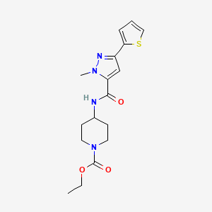 molecular formula C17H22N4O3S B2944631 ethyl 4-(1-methyl-3-(thiophen-2-yl)-1H-pyrazole-5-carboxamido)piperidine-1-carboxylate CAS No. 1219906-06-5