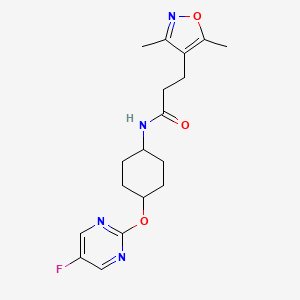 molecular formula C18H23FN4O3 B2944710 3-(3,5-dimethylisoxazol-4-yl)-N-((1r,4r)-4-((5-fluoropyrimidin-2-yl)oxy)cyclohexyl)propanamide CAS No. 2034278-96-9