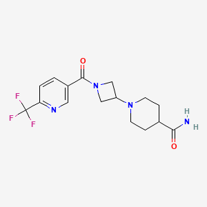 molecular formula C16H19F3N4O2 B2944762 1-(1-(6-(三氟甲基)烟酰基)氮杂环丁-3-基)哌啶-4-甲酰胺 CAS No. 2034427-37-5