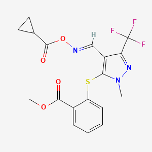 molecular formula C18H16F3N3O4S B2944806 methyl 2-{[4-({[(cyclopropylcarbonyl)oxy]imino}methyl)-1-methyl-3-(trifluoromethyl)-1H-pyrazol-5-yl]sulfanyl}benzenecarboxylate CAS No. 318238-35-6