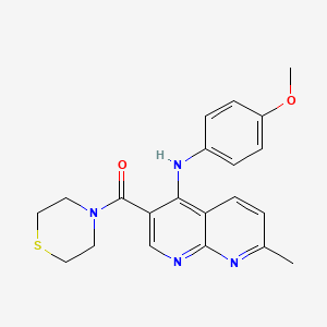 molecular formula C21H22N4O2S B2944815 (4-((4-Methoxyphenyl)amino)-7-methyl-1,8-naphthyridin-3-yl)(thiomorpholino)methanone CAS No. 1251564-42-7