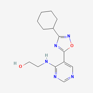 molecular formula C14H19N5O2 B2944960 2-{[5-(3-Cyclohexyl-1,2,4-oxadiazol-5-yl)pyrimidin-4-yl]amino}ethanol CAS No. 2108174-23-6