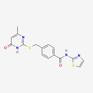 molecular formula C16H14N4O2S2 B2944990 4-(((4-methyl-6-oxo-1,6-dihydropyrimidin-2-yl)thio)methyl)-N-(thiazol-2-yl)benzamide CAS No. 836664-70-1
