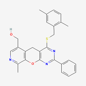 (7-{[(2,5-Dimethylphenyl)methyl]sulfanyl}-14-methyl-5-phenyl-2-oxa-4,6,13-triazatricyclo[8.4.0.0^{3,8}]tetradeca-1(10),3(8),4,6,11,13-hexaen-11-yl)methanol