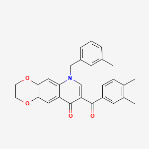 molecular formula C28H25NO4 B2945039 8-(3,4-Dimethylbenzoyl)-6-[(3-methylphenyl)methyl]-2,3-dihydro-[1,4]dioxino[2,3-g]quinolin-9-one CAS No. 866808-28-8