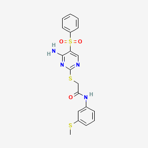 molecular formula C19H18N4O3S3 B2945078 2-((4-氨基-5-(苯磺酰基)嘧啶-2-基)硫代)-N-(3-(甲硫基)苯基)乙酰胺 CAS No. 894948-19-7