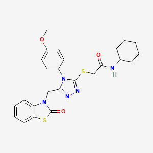 molecular formula C25H27N5O3S2 B2945094 N-环己基-2-((4-(4-甲氧基苯基)-5-((2-氧代苯并[d]噻唑-3(2H)-基)甲基)-4H-1,2,4-三唑-3-基)硫代)乙酰胺 CAS No. 896677-87-5
