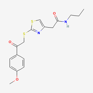 molecular formula C17H20N2O3S2 B2945185 2-(2-((2-(4-methoxyphenyl)-2-oxoethyl)thio)thiazol-4-yl)-N-propylacetamide CAS No. 1021069-85-1
