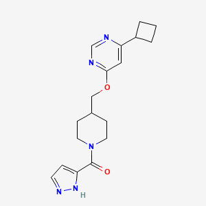molecular formula C18H23N5O2 B2945257 [4-[(6-Cyclobutylpyrimidin-4-yl)oxymethyl]piperidin-1-yl]-(1H-pyrazol-5-yl)methanone CAS No. 2379951-18-3