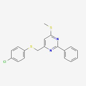 molecular formula C18H15ClN2S2 B2945296 4-{[(4-Chlorophenyl)sulfanyl]methyl}-6-(methylsulfanyl)-2-phenylpyrimidine CAS No. 303147-19-5