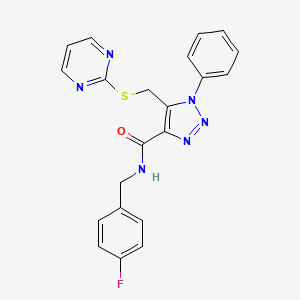 molecular formula C21H17FN6OS B2945325 N-(4-氟苄基)-1-苯基-5-((嘧啶-2-硫基)甲基)-1H-1,2,3-三唑-4-甲酰胺 CAS No. 1105209-34-4