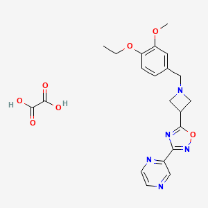 molecular formula C21H23N5O7 B2945344 5-(1-(4-Ethoxy-3-methoxybenzyl)azetidin-3-yl)-3-(pyrazin-2-yl)-1,2,4-oxadiazole oxalate CAS No. 1421481-09-5