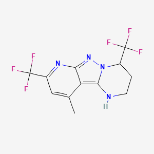 molecular formula C12H10F6N4 B2945419 10-Methyl-4,8-bis(trifluoromethyl)-1,2,3,4-tetrahydropyrido[2',3':3,4]pyrazolo[1,5-a]pyrimidine CAS No. 832141-55-6