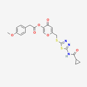molecular formula C21H19N3O6S2 B2945429 6-(((5-(cyclopropanecarboxamido)-1,3,4-thiadiazol-2-yl)thio)methyl)-4-oxo-4H-pyran-3-yl 2-(4-methoxyphenyl)acetate CAS No. 896009-64-6