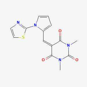molecular formula C14H12N4O3S B2945450 1,3-dimethyl-5-{[1-(1,3-thiazol-2-yl)-1H-pyrrol-2-yl]methylene}-2,4,6(1H,3H,5H)-pyrimidinetrione CAS No. 685106-96-1